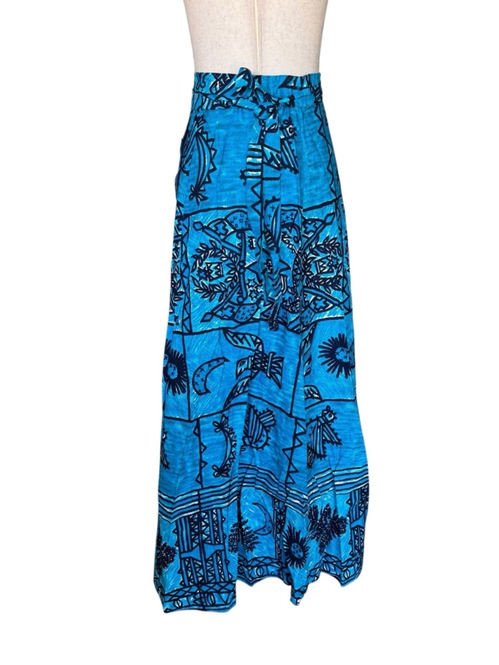 Vintage 1960s Tiki Tapa Designs Blue Barkcloth Hawaiian Maxi Wrap Skirt NWT - Picture 4 of 10